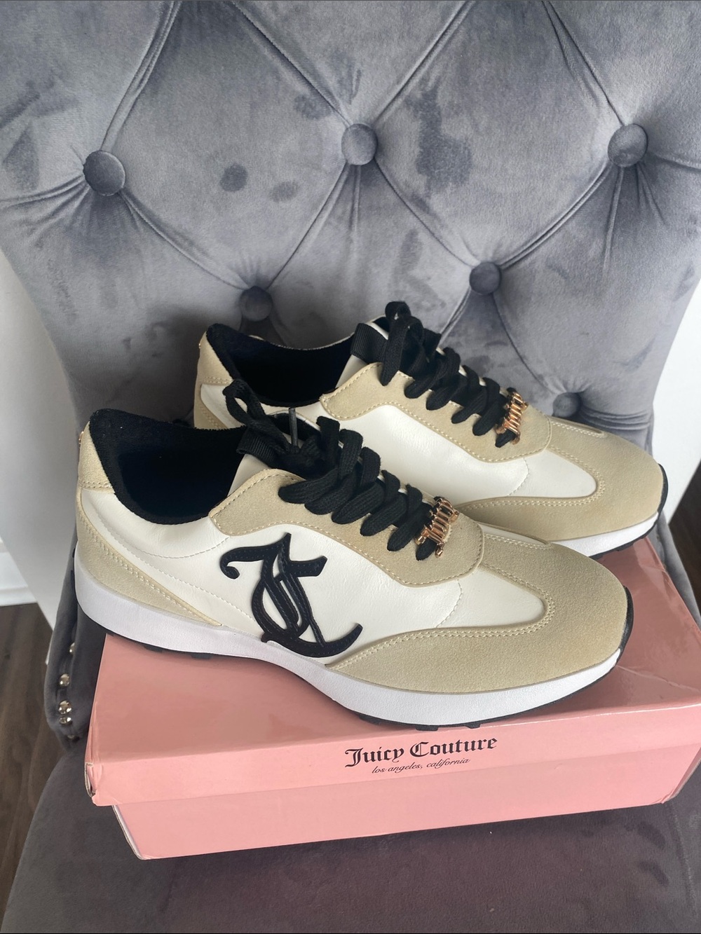 NWT Juicy Couture Beige, White & Black Lace-Up Sneakers
